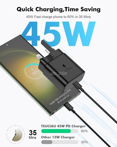 Original Samsung 45W Fast Charging Charger 2M USB-C Cable Galaxy S23 + Ultra S22 - Picture 4 of 9