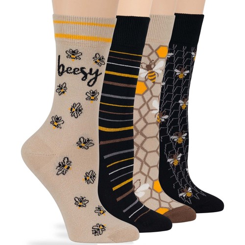 Women Cotton Crew Socks-4 Pack Medium- Busy Bees Stripe-Black Beige Yellow - Picture 11 of 12