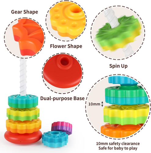 Baby Spinning Stacking Toys for Toddlers 1-3, Rainbow Ring Stacker Montessori - Picture 6 of 12