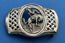 Rare Old Western Open Weave Sterling Silver Bronco Buster Cowboy Belt Buckle