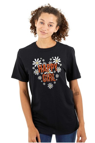 Cute Happy Girl Spring Daisy Flowers Heart Womens Graphic Crewneck T Shirt Tee - Picture 3 of 7