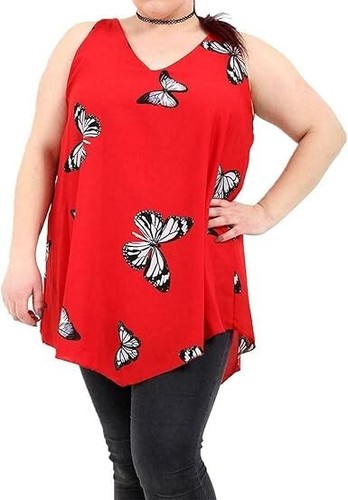 Womens Sleeveless Butterfly Print Chiffon Vest Lined Dip Hem Printed Shirt Top - Picture 20 of 24
