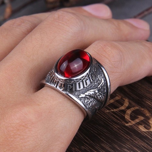 Red Stone Viking Raven Wolf Rings Stainless Steel Odin Rune Men Jewelry Gift Box - Picture 4 of 14