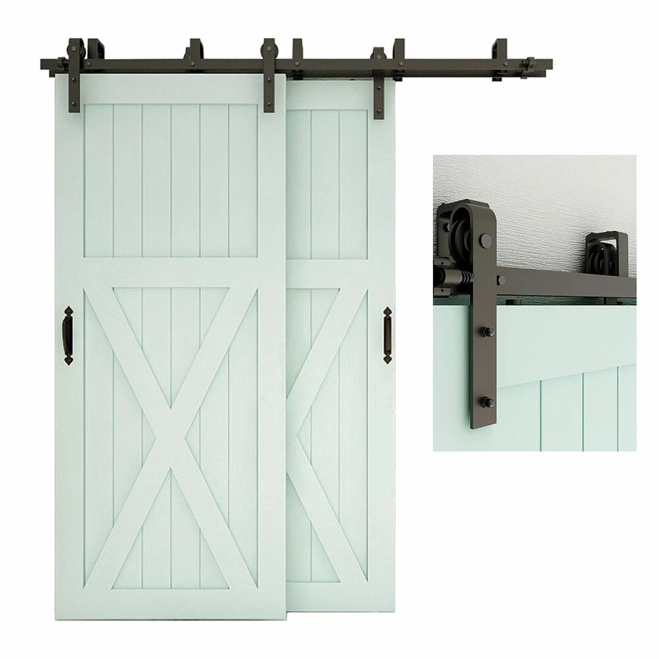 Kit de herrajes para puerta de granero corredera de derivación de 4-20 pies para rodillo de oruga de armario de doble puerta Foto 2 de 4