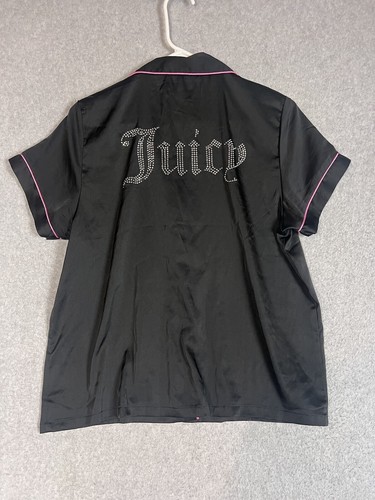 Juicy Couture Women's Large Black Satin Two Piece Pajamas Set PJs Pink Piping - Picture 3 of 12