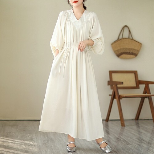 Maxi Vestido Informal Para Mujer Suelto Cuello en V Mangas Largas Abullonadas Calce Ajustado - Imagen 11 de 13