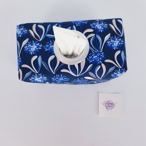 Tissue Box Cover Handmade Navy Blue Flower Print Silver Circle Opening Box - Picture 4 of 15