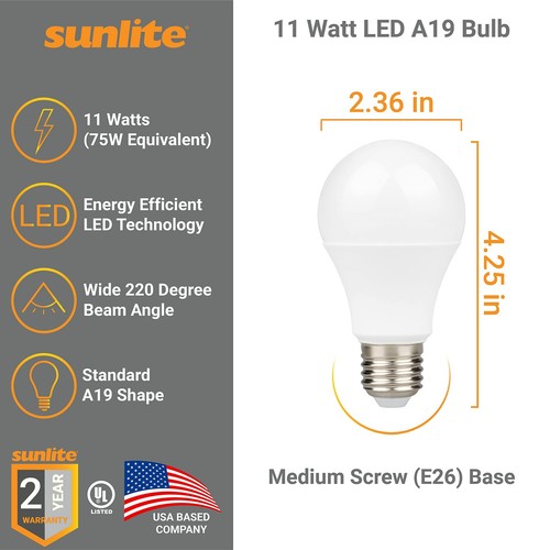 Sunlite 80859-SU LED A19 Light Bulb, Non-Dimmable 11 Watt (75W Equivalent), 1100 - Picture 2 of 5
