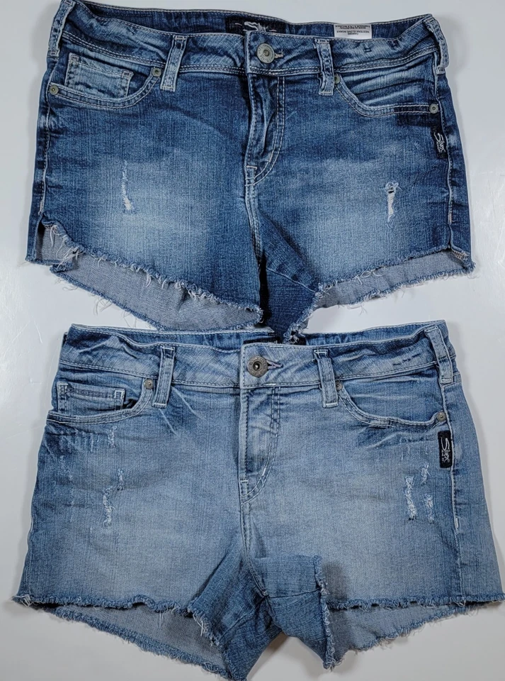 Silver Jeans Shorts Lot 29 Berkley+Aiko Stretch Distressed Denim Frayed Hems - Image 2 of 4