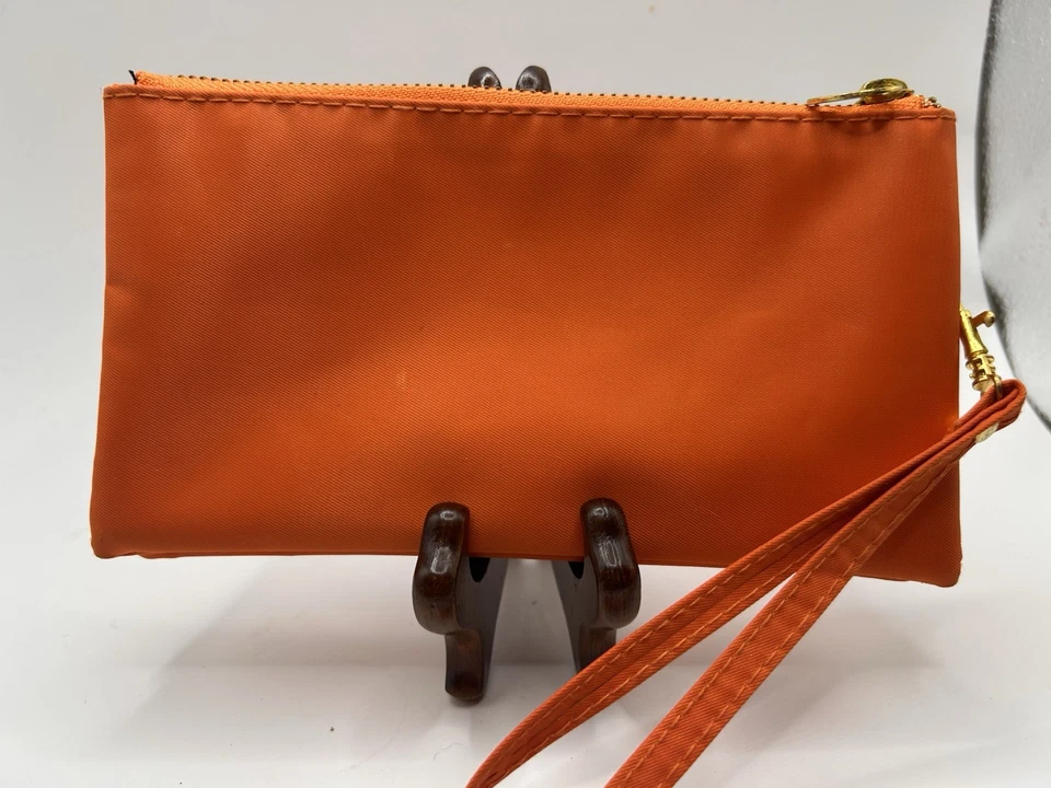 Tory Burch Brown Orange Wristlet Gold Hardware Wallet Pouch Makeup Bag - Image 2 of 4