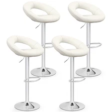 Set of 2 Bar Stools Adjustable PU Leather Barstools Swivel Pub Chairs White