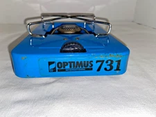 Vintage Blue Optimus Intl. 731 Gas Camping Stoves W/Travel Metal Canister (USA)