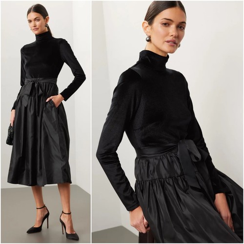LDT Raquel Black Mock-Neck Velvet & Taffeta Midi Dress Size 8 - Picture 2 of 9