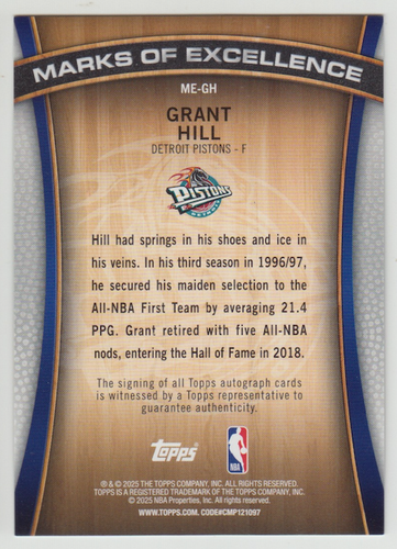2025-26 Topps Pistons Grant Hill Marks of Excellence #ME-GH Green Auto /99 - Picture 2 of 2