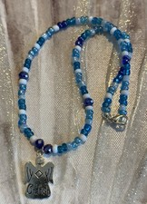 Children Girl  s Blue Seed Beads Necklace With Silver  Cherish   Charm 14 Inches