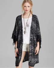 Free People Kimono Black White Tapestry Fringe Cardigan Size XS