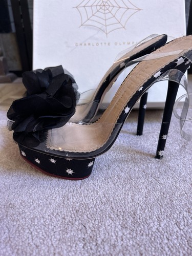 $1095 CHARLOTTE OLYMPIA black cactus print w/ flower platform heels sandals 39 9 - Picture 3 of 10
