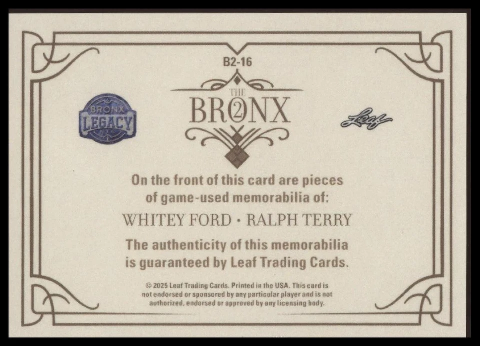 Reliquia Ford Ralph Terry 2025 Leaf Bronx Legacy Whitey/8 Holofoil púrpura Foto 2 de 2