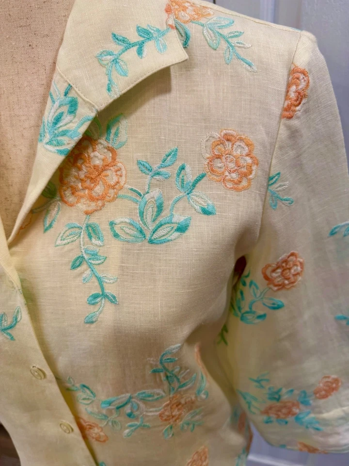 Camisa para mujer, talla 4, vintage de lino y bordada de Madison Studio, manga 3/4 Foto 4 de 4