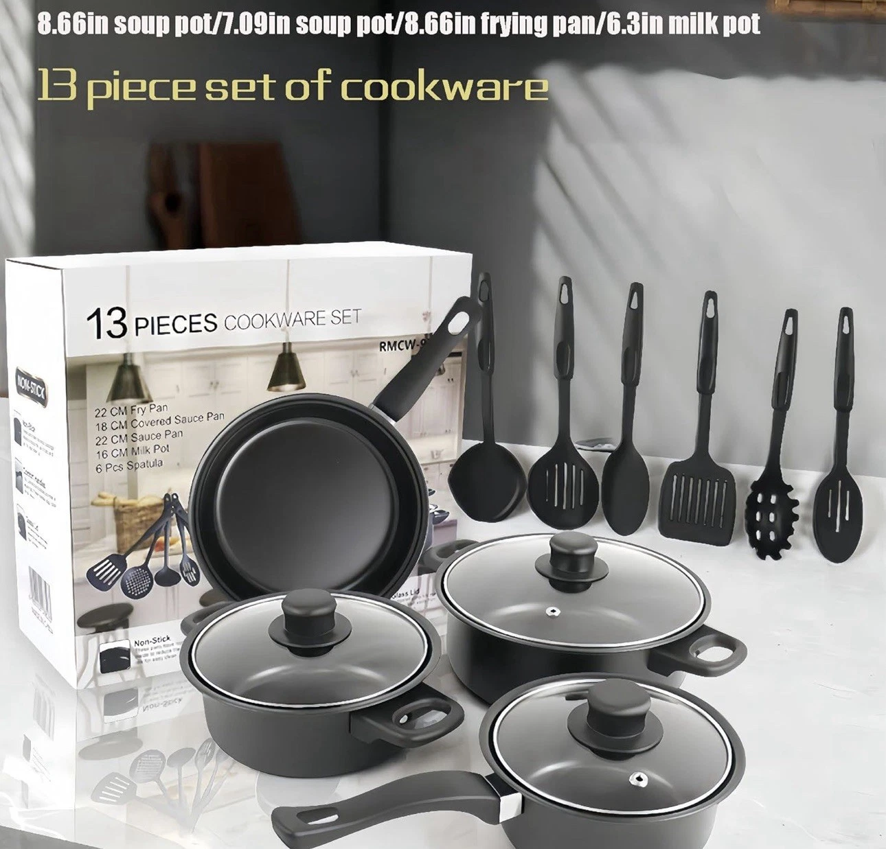 13Piece Set of Cookware Set Milk Pot Soup pot flat Small Frying Pan lid and shov