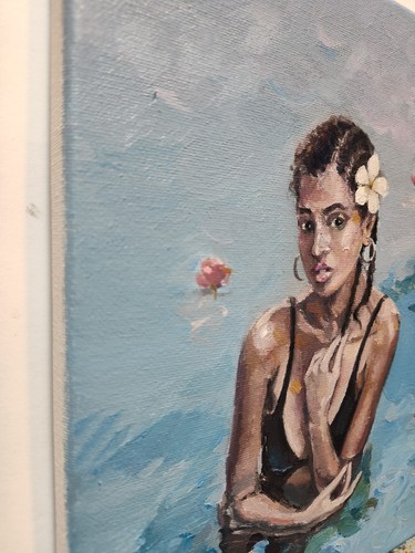 Original Ölgemälde 8"x10" Zeitgenössische Kunst, Schöne Frau im Wasser, Blau - Bild 8 von 8