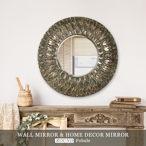 Large Round 28" Decorative Wall Mirrors, Ancient Distressed 28"L x 28"W Bronze - Picture 7 of 8