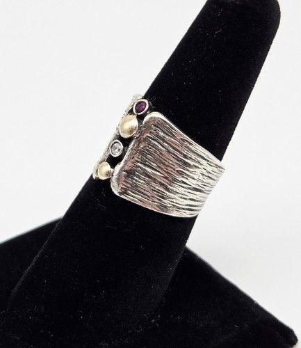 VTG Sterling Silver & 14k Yellow Gold Multi-colored Gemstone Brutalist Ring Sz 7 - Picture 3 of 5