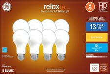 GE Relax LED, HD Light A19 Med Base, 60W eq, 8.5W, Dimmable, 8-Pack, Soft White
