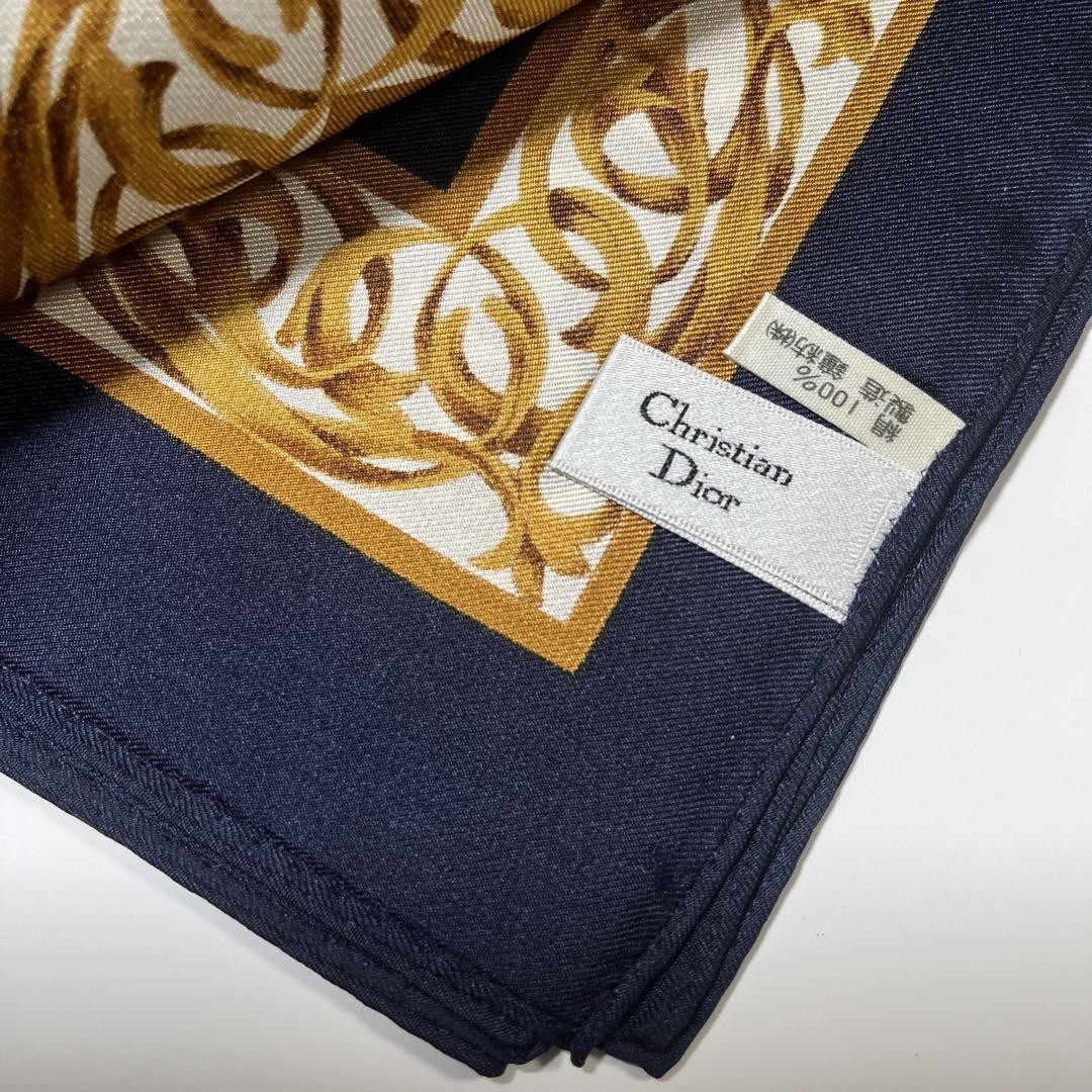 Christian Dior Scarf Black Gold Silk Logo Dot Pattern Women