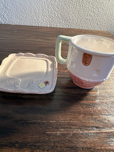 Taza de té y platillo rosa pintado a mano Country Cottage de Russ vintage - Imagen 3 de 7