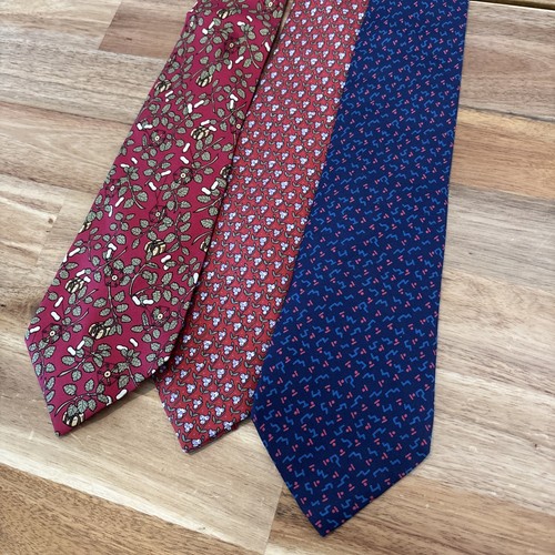 Lot Of 3 Hermes Ties: Floral Geometric Red Blue France UA TA IA