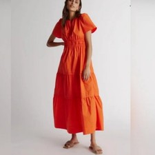 Quince Orange Organic Cotton Tiered Maxi Dress Puff Sleeve Smocked Waist size XL