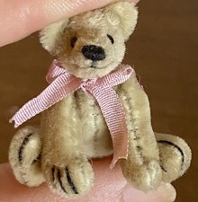 Miniature Dollhouse Artist Tiny Plush Fur Jointed 1.5  Bear Pink Bow So CUTE