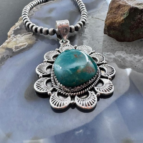 Sterling Silver Southwestern Style Large Turquoise Decorated Pendant For Women 5 - Picture 4 of 10