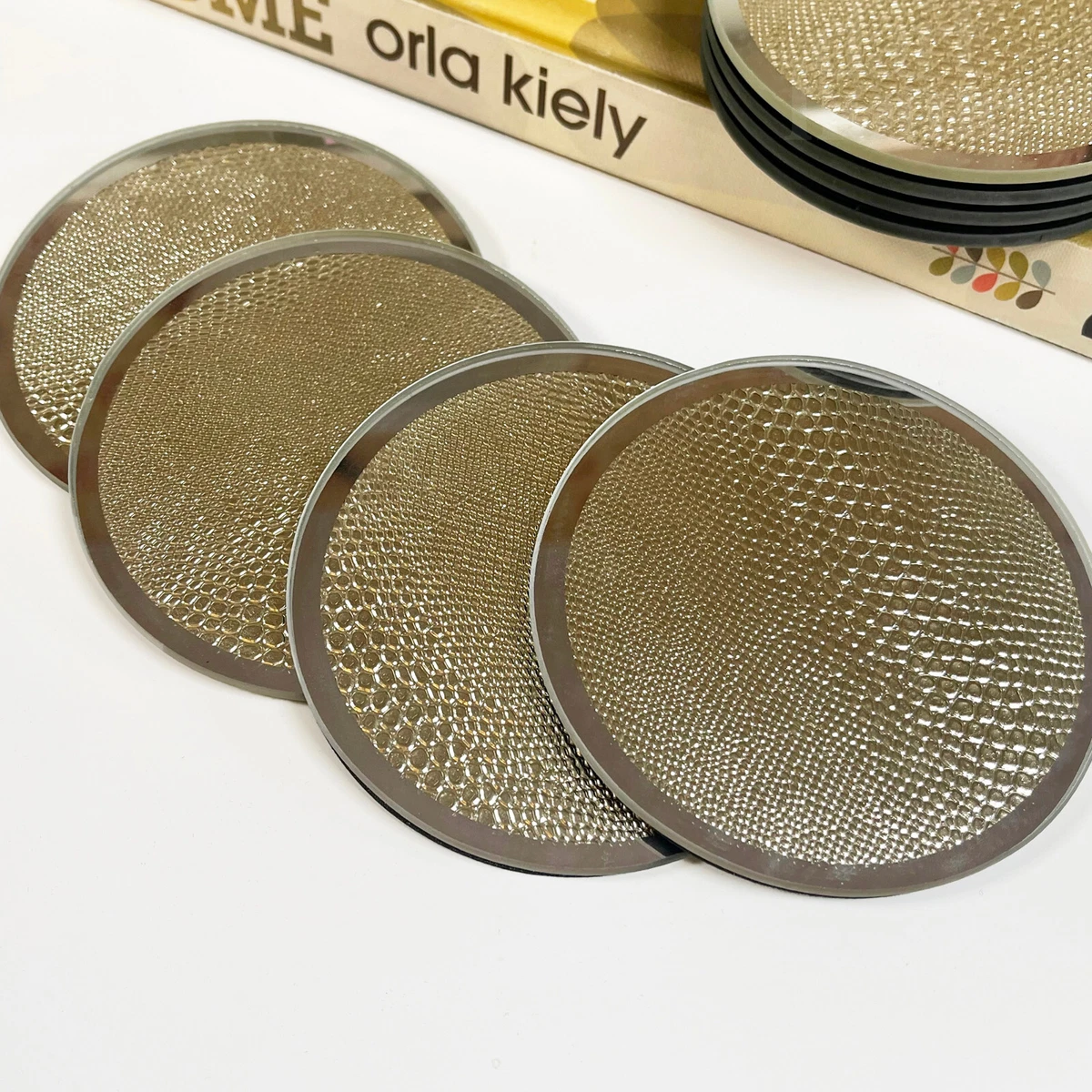 Gold Alligator Coasters Set Of 4 Vintage Mirrored Glass Coffee Table Drinks Mats