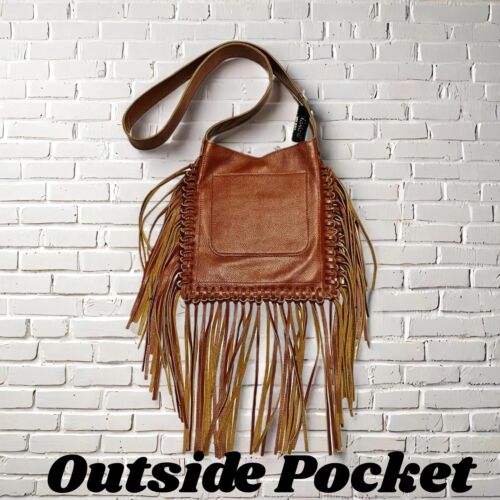 Raviani Fringe Crossbody W/Fleur De Lis In Light Brown Pebble Grain Leather - Picture 2 of 3