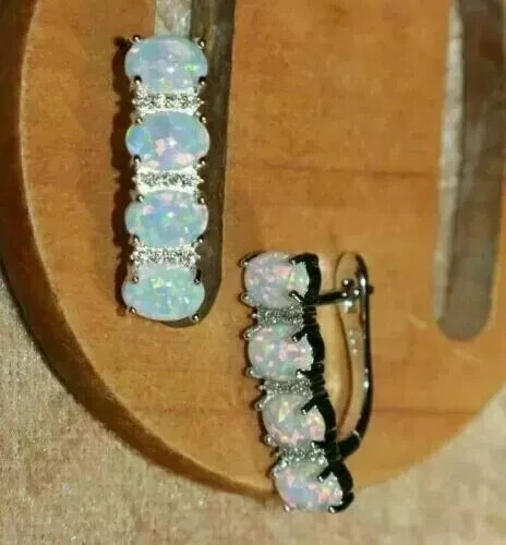 3.50 Ct Oval Cut Fire Opal & Diamond Women's Hoop Earrings 14K White Gold Plated - Picture 2 of 4