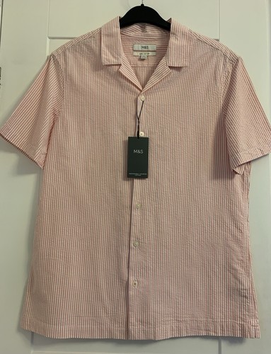 M&S Mens Cotton Cuban Collar Seersucker Holiday Striped Shirt Size XL Coral Pink