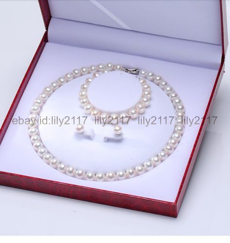 Genuine 9-10mm south sea round white pearl necklace bracelet earring set 18'' - Picture 6 of 6