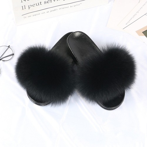 Womens Real Fox Fur Slides Slider Summer Beach Slippers Sandals Furry Flat Shoes - Picture 14 of 22