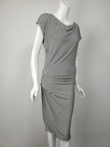 CABI Black Ivory Print Knit Jersey Cowl Neck Gathered Waist Dress sz S - Picture 2 of 4