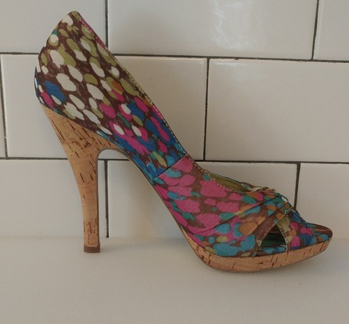 Steve Madden "P-Destin" Women's 6.5 Multi-Color High Heel Peek Toe Cork Fabric - Picture 8 of 11