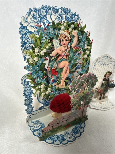 2 Germany Vtg Dimensional Valentines 1900s Cupid Wings Swinging Vine Farmer Boy - Picture 4 of 23