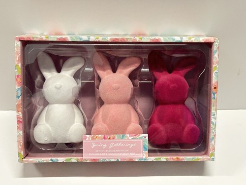 Set of 3- Cute White, Pink Flocked Easter Bunny Figurine Spring Home Decor NEW! - Picture 9 of 9