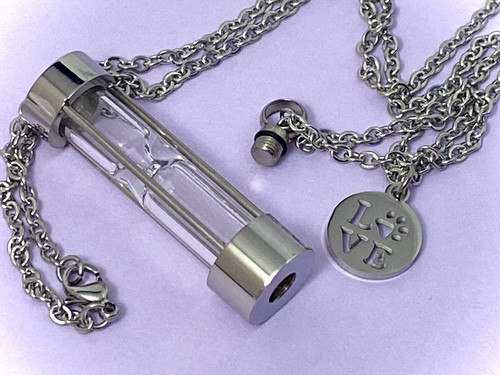 Pet Cremation Jewelry Urn Necklace Hourglass for Ashes Dog Cat LOVE Paw Print - Picture 5 of 12