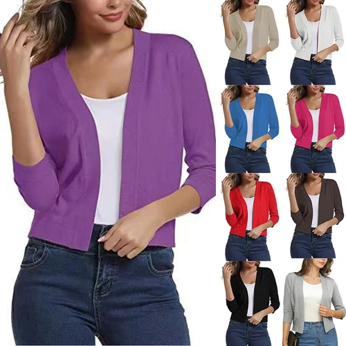 Womens Knitted Cropped Bolero Shrug 3/4 Sleeve Open Front Sweater Cardigan Solid