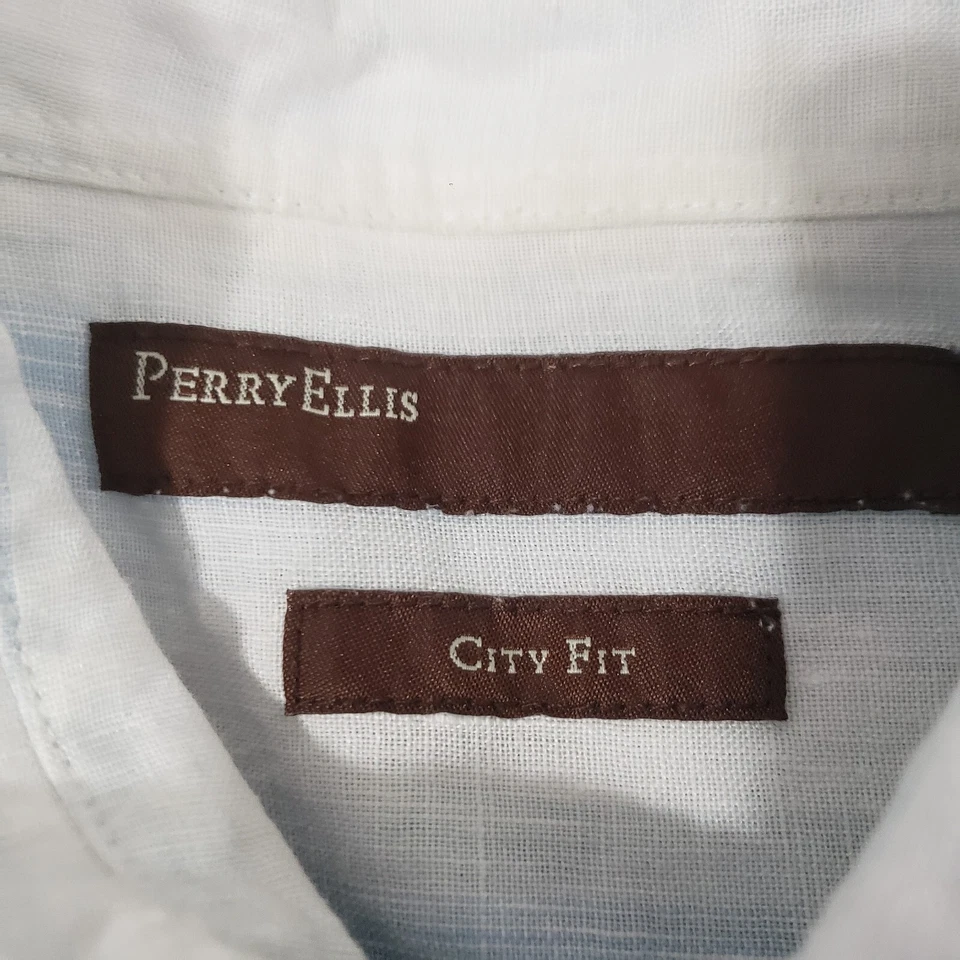 Camisa Perry Ellis Abotonada Hombre XL City Fit Manga Corta 100% Lino Rayas Foto 3 de 4