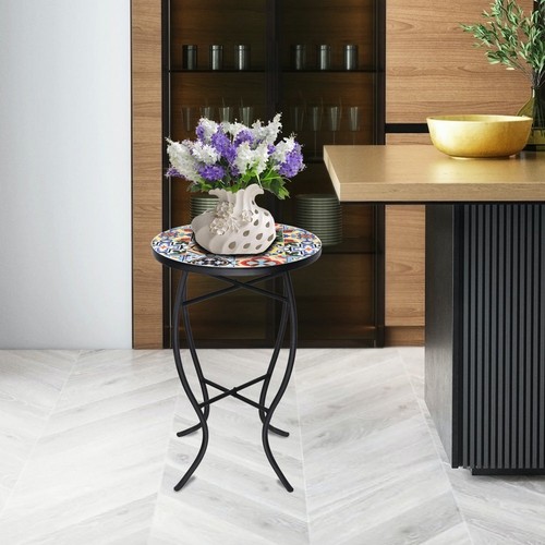 Side Table Mosaic Ceramic Tile Round Patio Porch Outdoor Bistro Stand 14 Inch - Picture 4 of 13