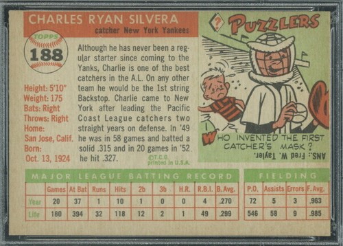 1955 Topps 188 Charlie Silvera PSA 8oc (0038) - Picture 2 of 2