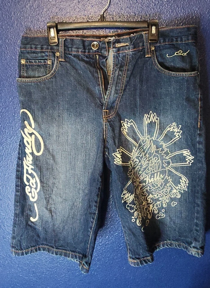 Ed Hardy Christian Audigier Size 36x15 - 2009 Denim Shorts Rare Dragon